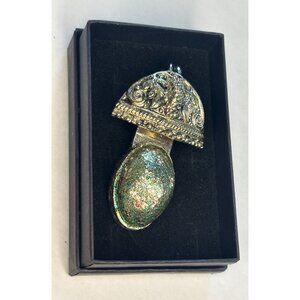 Vintage Rebecca Collins Silver Pendant With Ornate Design & Glittering Oval Ston